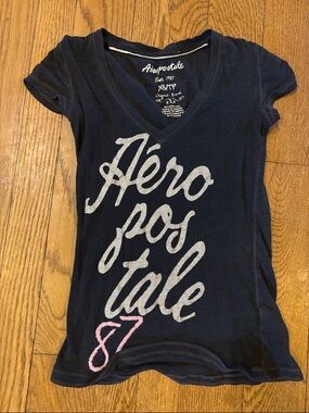 Aeropostale Navy V-Neck Graphic Tee with Pink Accent
